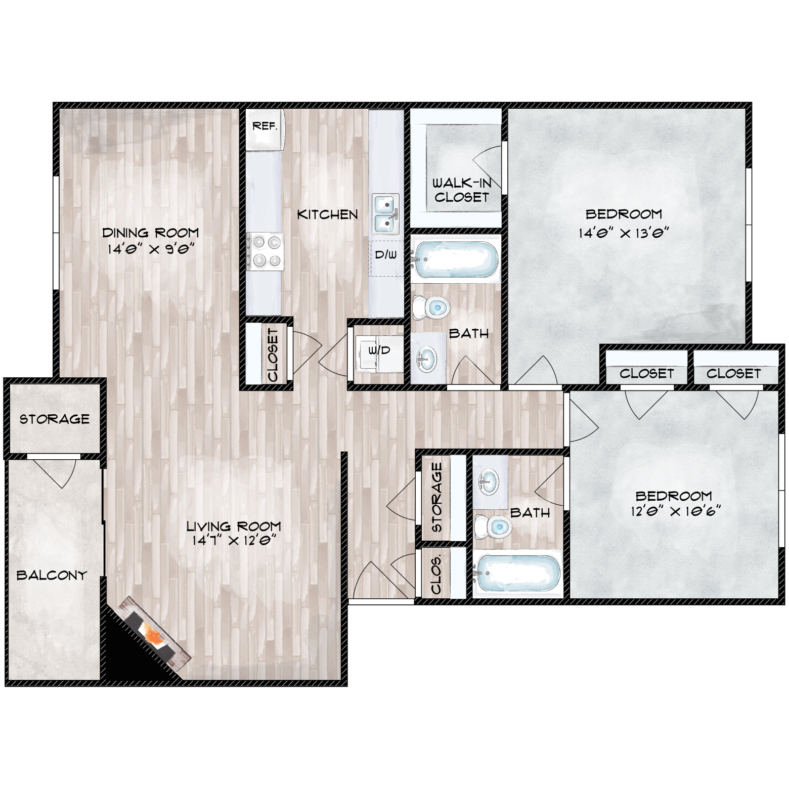 Floor plan for 2 beds, 2 baths, 1100 sqft
